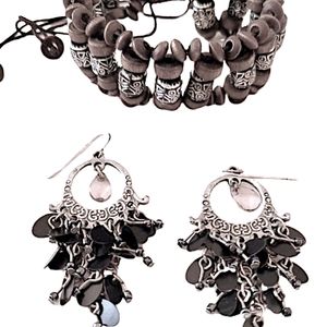 Vintage Silver Bohemian Antiqued Metal Beaded Chandelier Earrings Bracelet Set